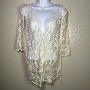 Juniper Lane Lace Mesh Embroidered Cardigan in Ivory
